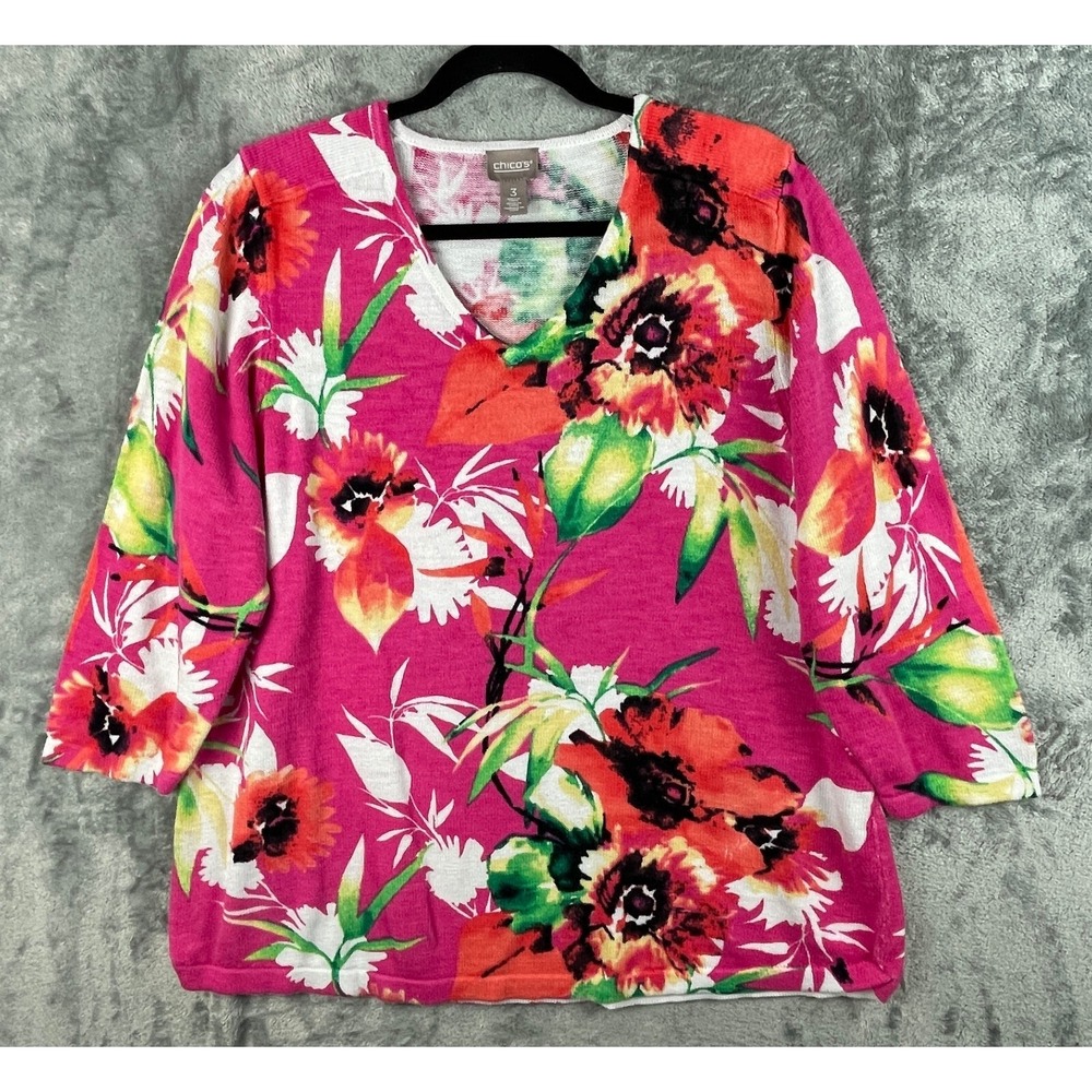 Chicos Sweater‎ 3 / XL Pink Floral Tropical Knit Top Pullover Art to Wear Beachy